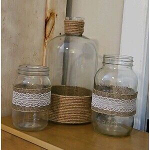 Rustic Country Chic Burlap & Lace Glass Bottle & 2 Mason Jar Decor Set